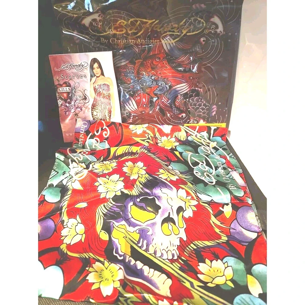 Ed Hardy Silk Scarf Skulls Signed With Zip Lock Protector Bag and Tag Card New